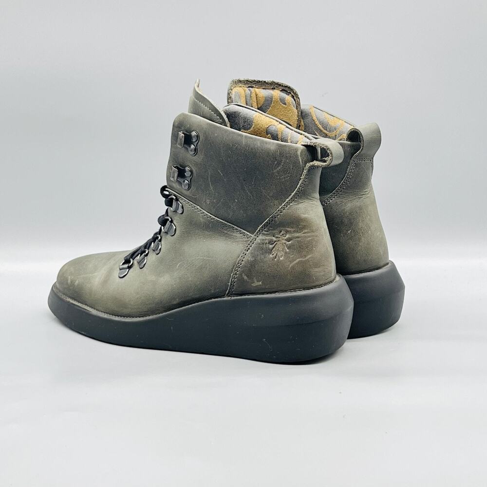 FLY London Boots Womens 7 Green Leather Platform Wedge Ankle Lace Up Shoes - Picture 3 of 11